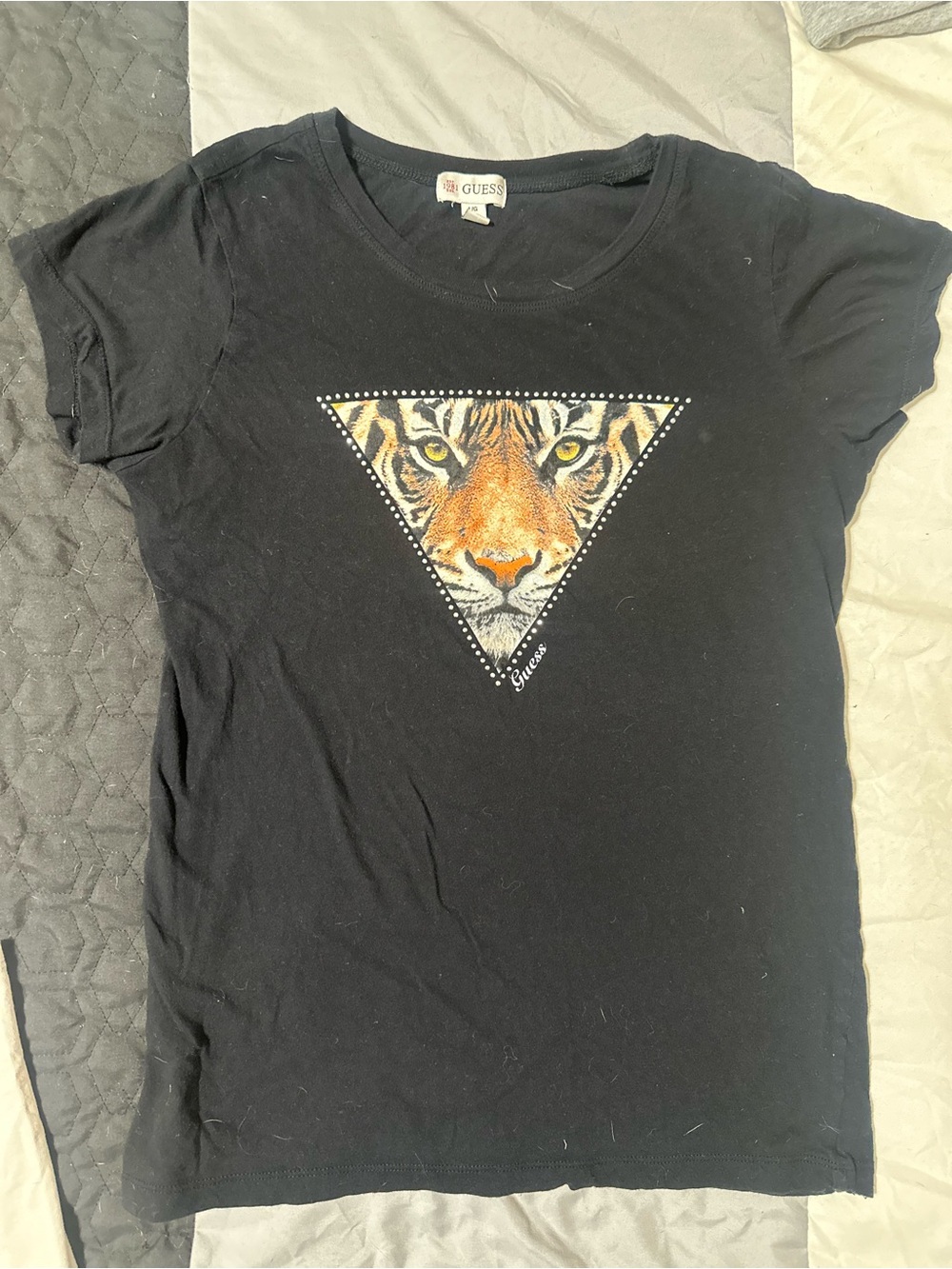 GUESS Black Tee with Orange Tiger Triangle Graphic